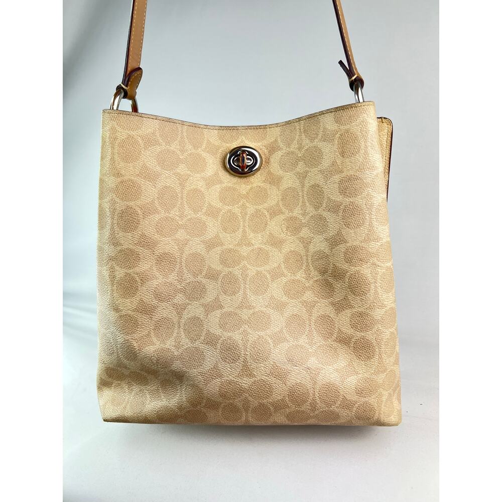 COACH 89003 Charlie Bucket Bag Signature Canvas Sand Taupe Tan Leather Handbag